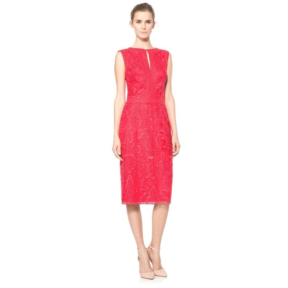 Tadashi Shoji - Embroidered Tulle Keyhole Neckline Dress - Rouge